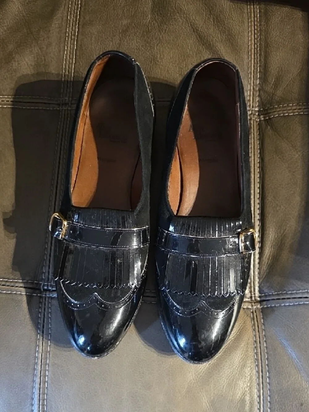 Allen Edmonds Black Patent Leather Kiltie Loafer with Buckle